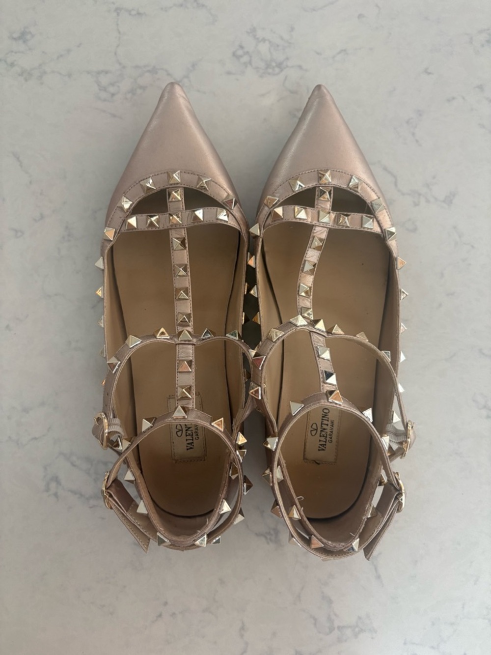 Valentino Metallic Rose Pointed Rockstud T-Strap Flats 12 / 42 more like 10/11